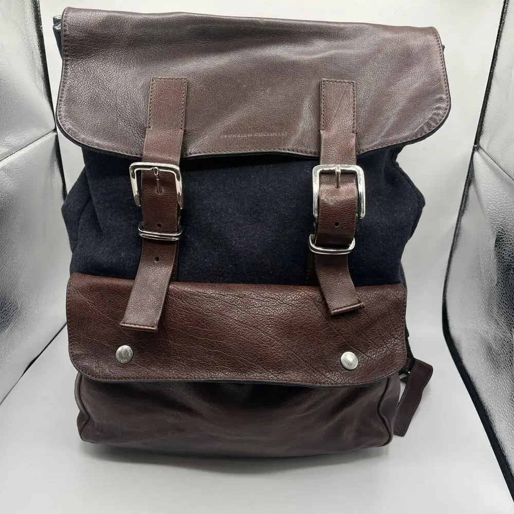 Brunello Cucinelli travel backpack Brown Leather Blue Wool Vintage Italy Rare